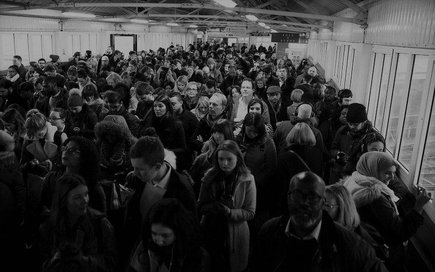 greyscale image of stranded London Underground passengers during August 2003 power failure