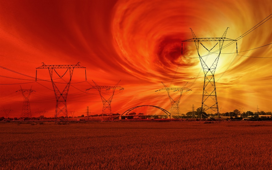 Image of space weather in background of electricity transmission lines
